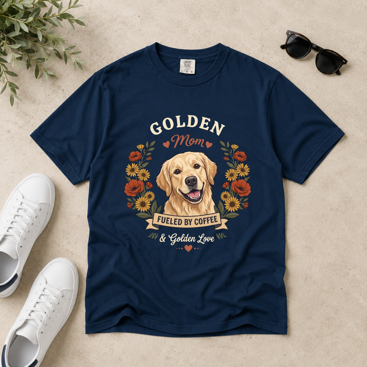 Light Golden Retriever Dog Mom T-Shirt | Fueled by Coffee & Golden Love