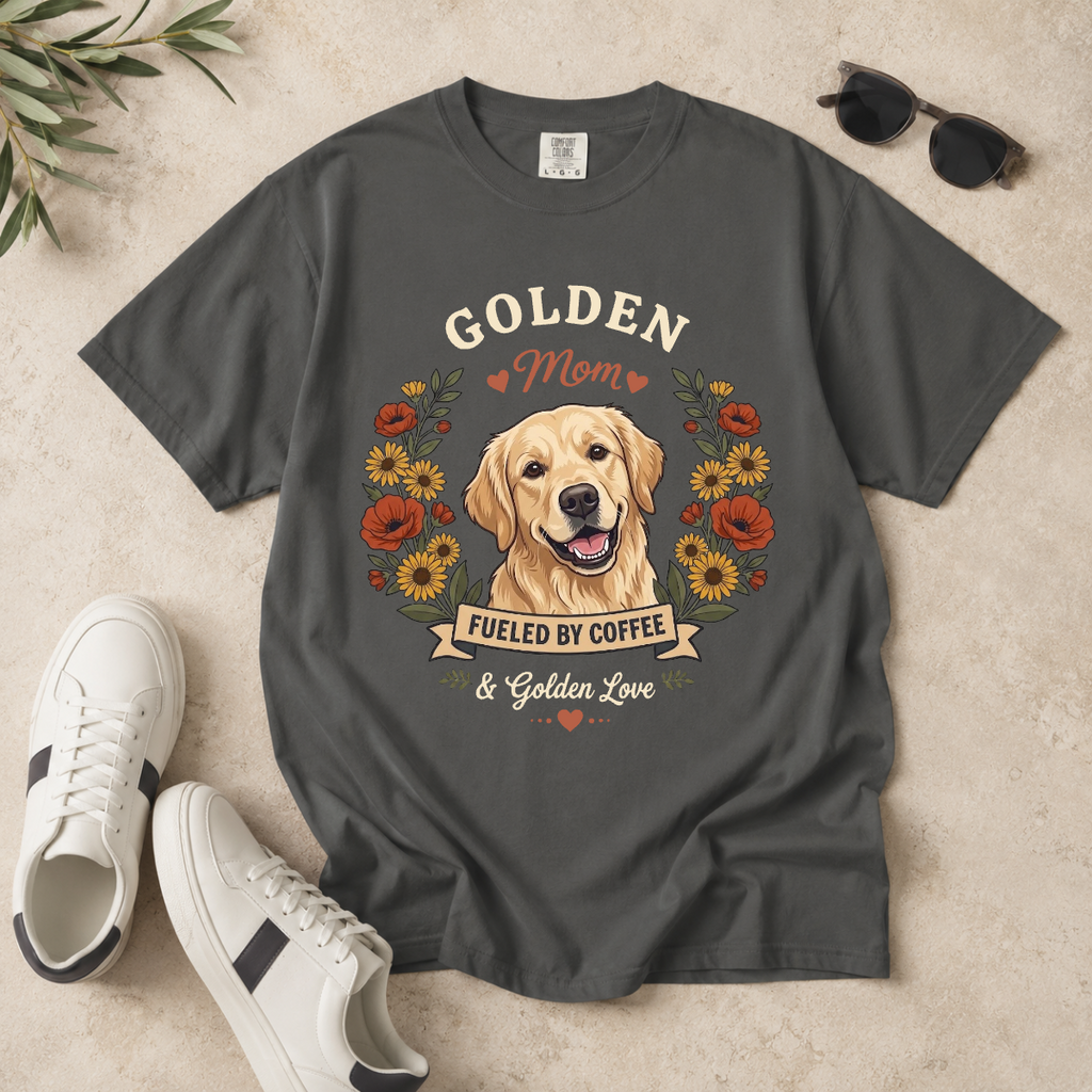 Light Golden Retriever Dog Mom T-Shirt | Fueled by Coffee & Golden Love
