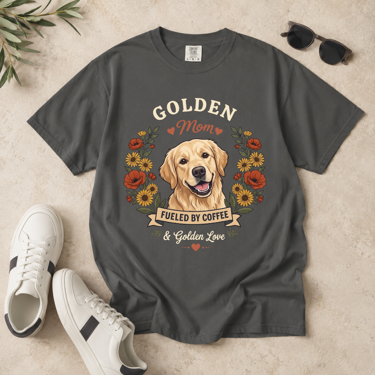 Light Golden Retriever Dog Mom T-Shirt | Fueled by Coffee & Golden Love