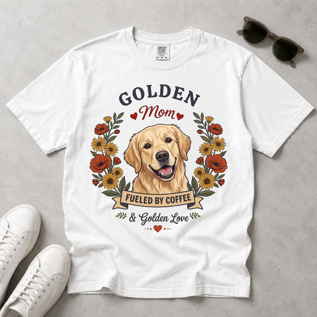 Light Golden Retriever Dog Mom T-Shirt | Fueled by Coffee & Golden Love