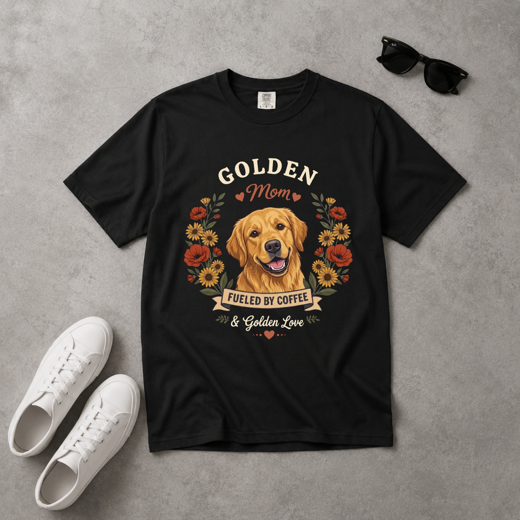 Golden Retriever Dog Mom T-Shirt | Fueled by Coffee & Golden Love