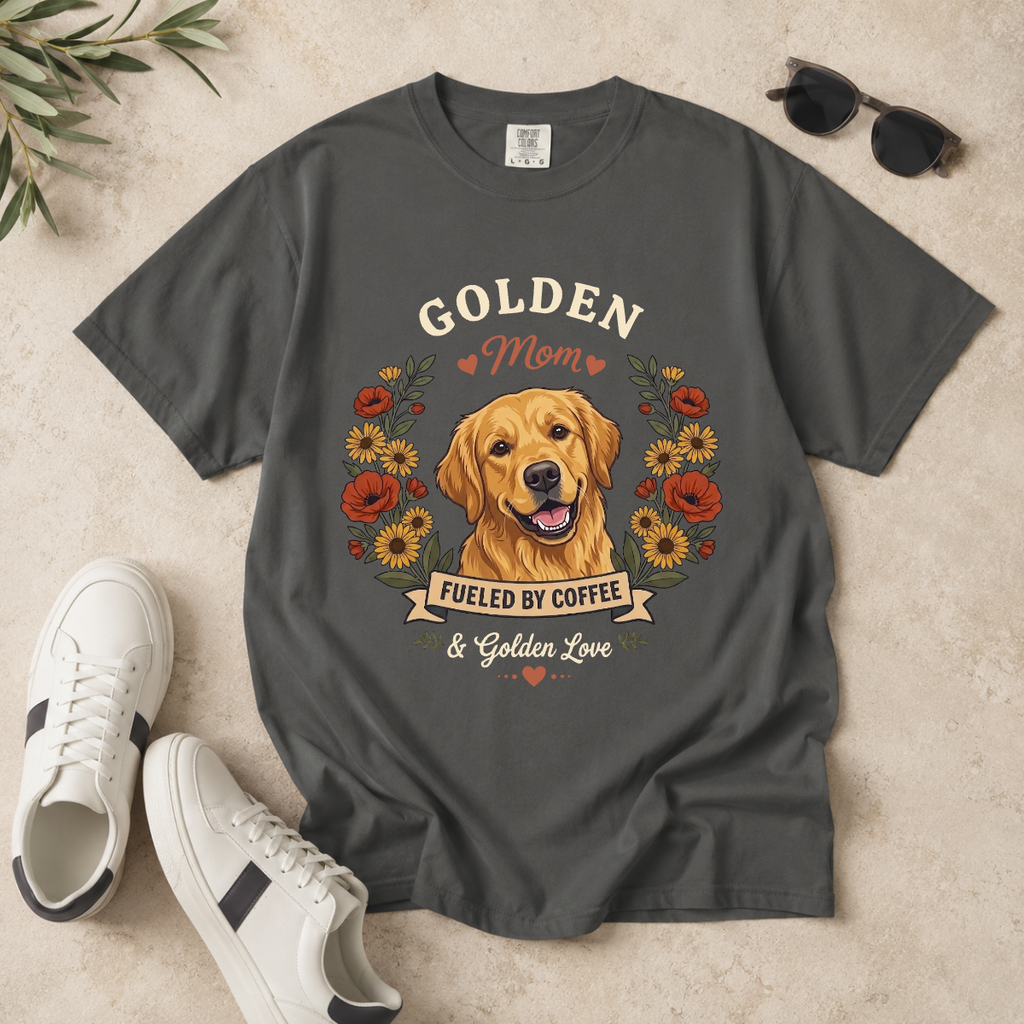 Golden Retriever Dog Mom T-Shirt | Fueled by Coffee & Golden Love
