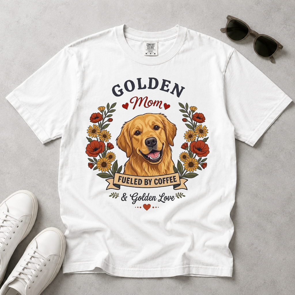 Golden Retriever Dog Mom T-Shirt | Fueled by Coffee & Golden Love