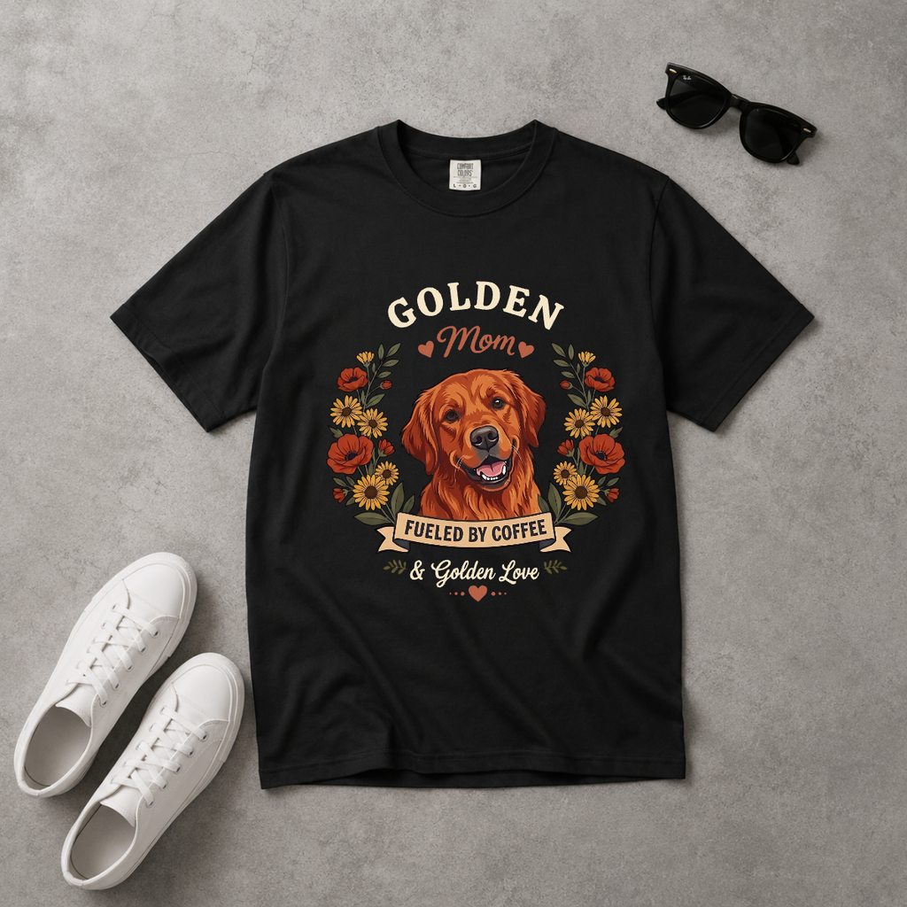 Red Golden Retriever Dog Mom T-Shirt | Fueled by Coffee & Golden Love