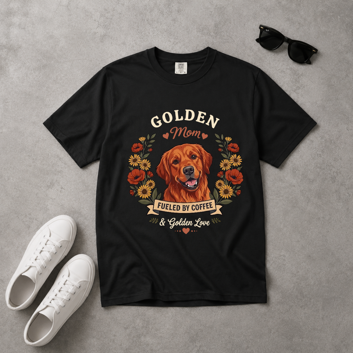 Red Golden Retriever Dog Mom T-Shirt | Fueled by Coffee & Golden Love
