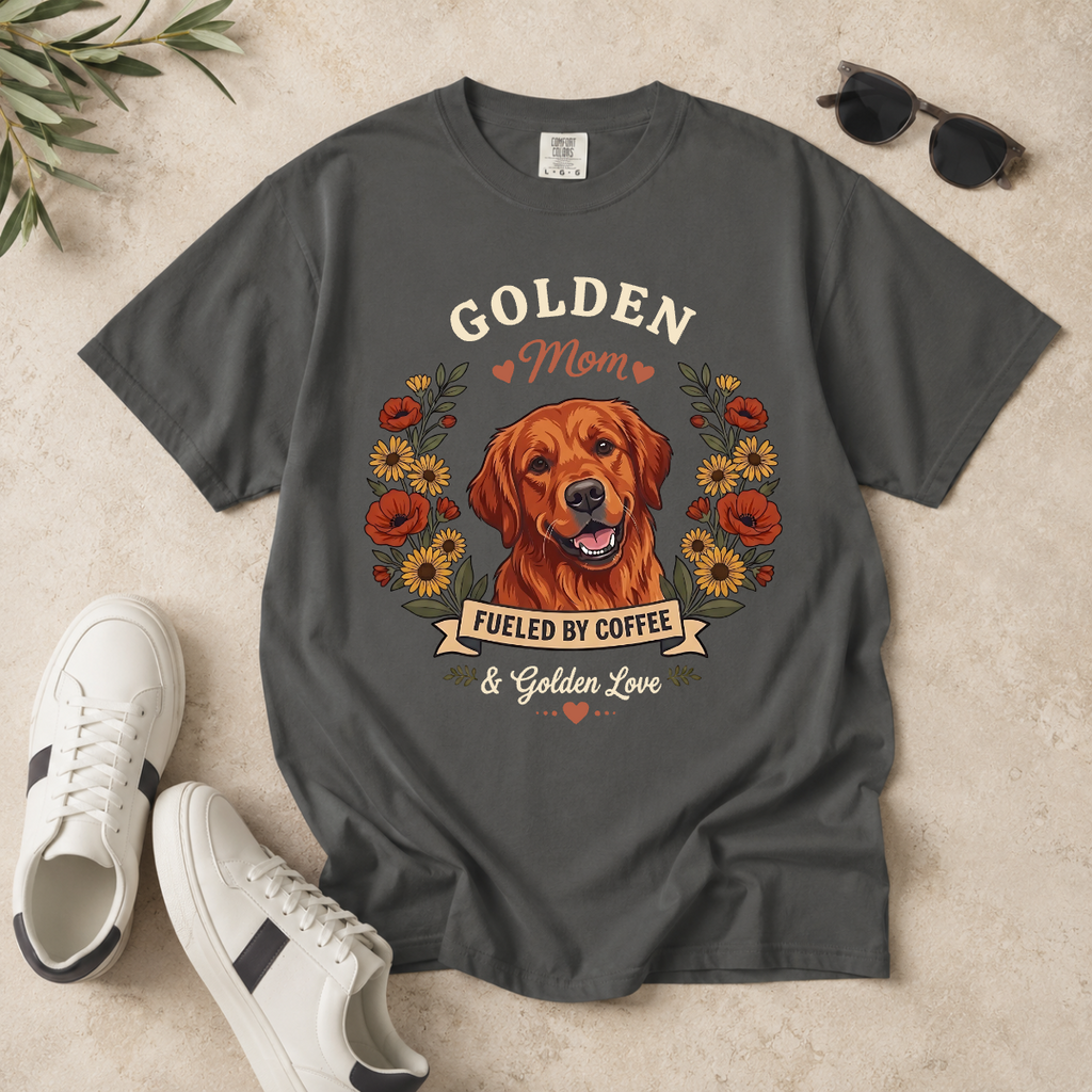 Red Golden Retriever Dog Mom T-Shirt | Fueled by Coffee & Golden Love