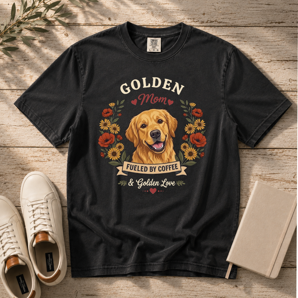 Golden Retriever Dog Mom T-Shirt | Fueled by Coffee & Golden Love