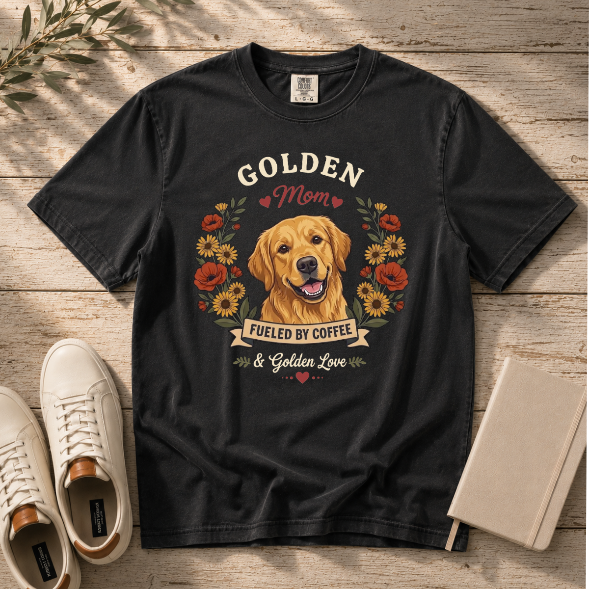 Golden Retriever Dog Mom T-Shirt | Fueled by Coffee & Golden Love