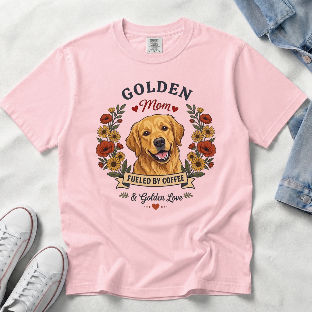 Golden Retriever Dog Mom T-Shirt | Fueled by Coffee & Golden Love