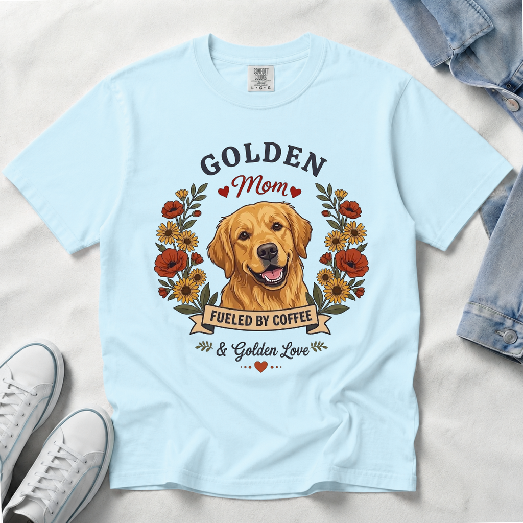 Golden Retriever Dog Mom T-Shirt | Fueled by Coffee & Golden Love