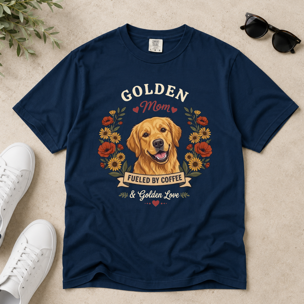 Golden Retriever Dog Mom T-Shirt | Fueled by Coffee & Golden Love