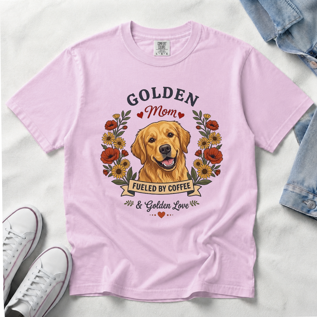 Golden Retriever Dog Mom T-Shirt | Fueled by Coffee & Golden Love