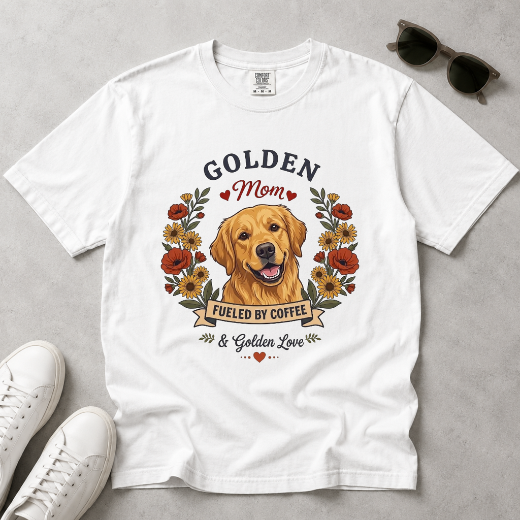Golden Retriever Dog Mom T-Shirt | Fueled by Coffee & Golden Love