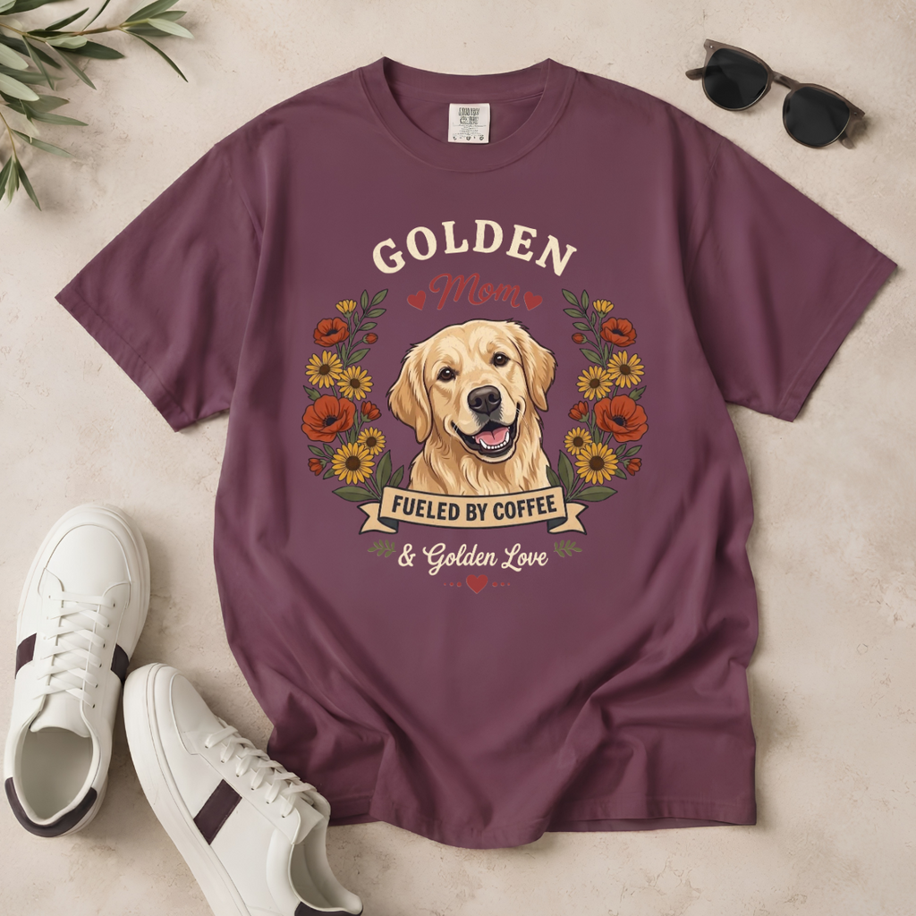 Light Golden Retriever Dog Mom T-Shirt | Fueled by Coffee & Golden Love