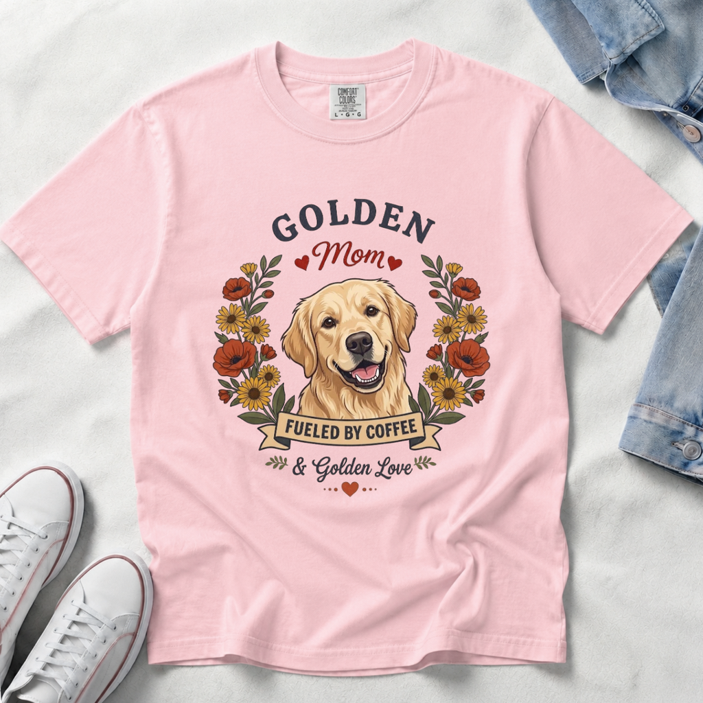 Light Golden Retriever Dog Mom T-Shirt | Fueled by Coffee & Golden Love