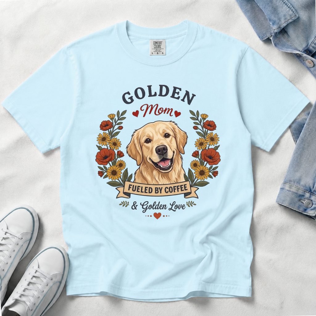 Light Golden Retriever Dog Mom T-Shirt | Fueled by Coffee & Golden Love