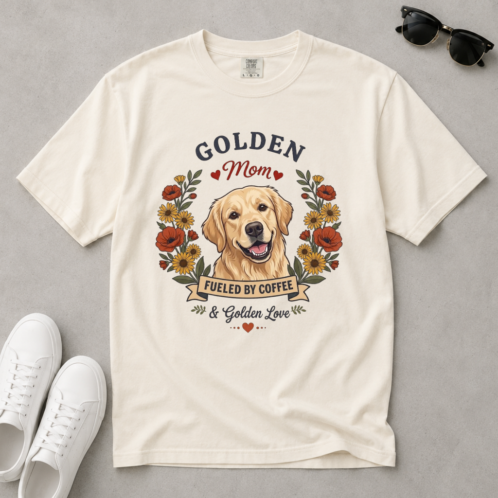 Light Golden Retriever Dog Mom T-Shirt | Fueled by Coffee & Golden Love