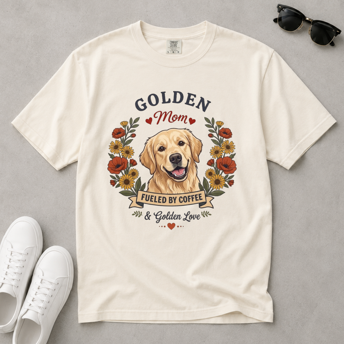 Light Golden Retriever Dog Mom T-Shirt | Fueled by Coffee & Golden Love