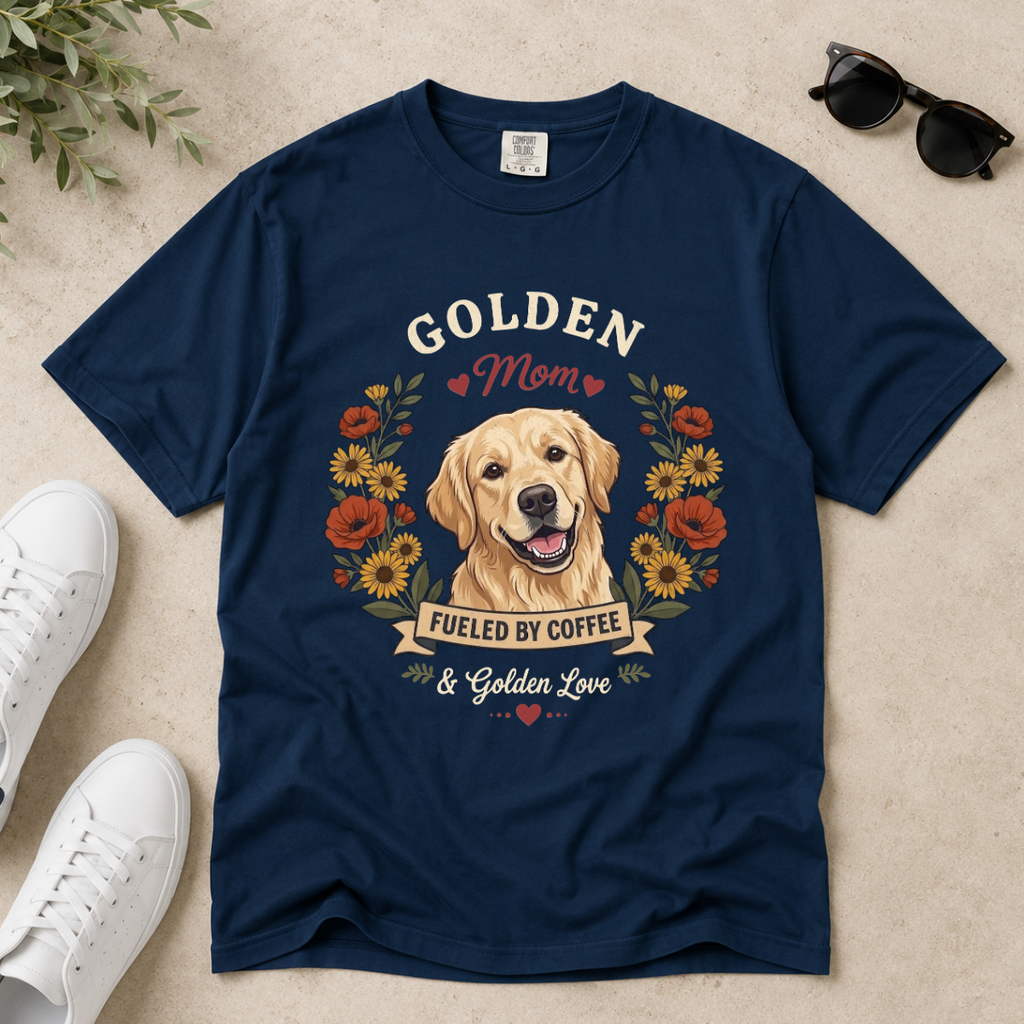 Light Golden Retriever Dog Mom T-Shirt | Fueled by Coffee & Golden Love