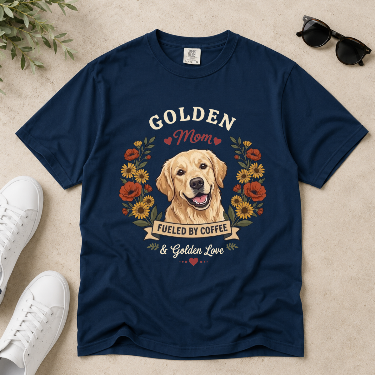 Light Golden Retriever Dog Mom T-Shirt | Fueled by Coffee & Golden Love