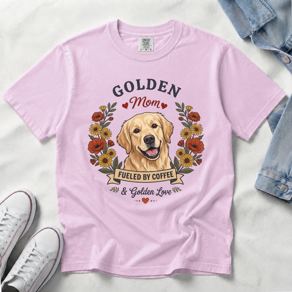 Light Golden Retriever Dog Mom T-Shirt | Fueled by Coffee & Golden Love