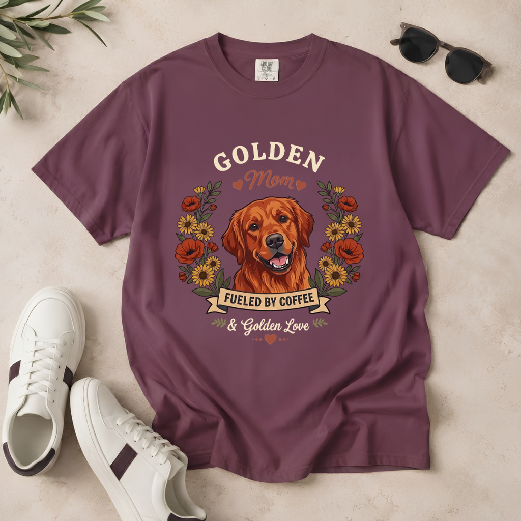 Red Golden Retriever Dog Mom T-Shirt | Fueled by Coffee & Golden Love