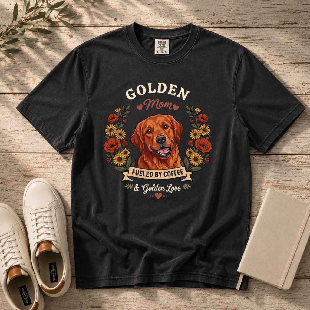 Red Golden Retriever Dog Mom T-Shirt | Fueled by Coffee & Golden Love