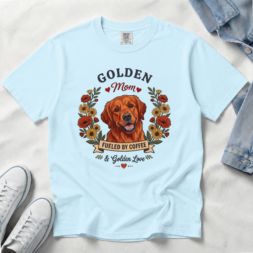 Red Golden Retriever Dog Mom T-Shirt | Fueled by Coffee & Golden Love