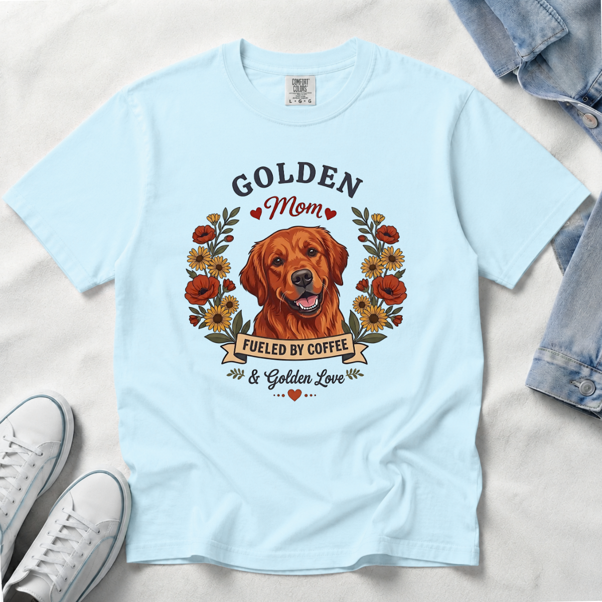 Red Golden Retriever Dog Mom T-Shirt | Fueled by Coffee & Golden Love