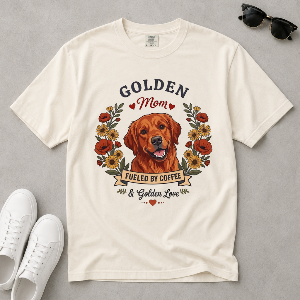 Red Golden Retriever Dog Mom T-Shirt | Fueled by Coffee & Golden Love