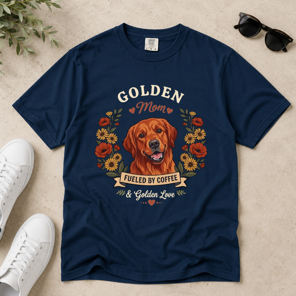 Red Golden Retriever Dog Mom T-Shirt | Fueled by Coffee & Golden Love
