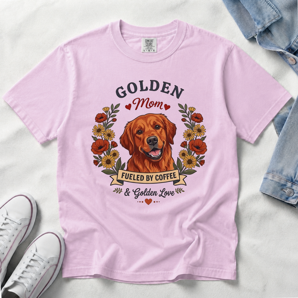 Red Golden Retriever Dog Mom T-Shirt | Fueled by Coffee & Golden Love