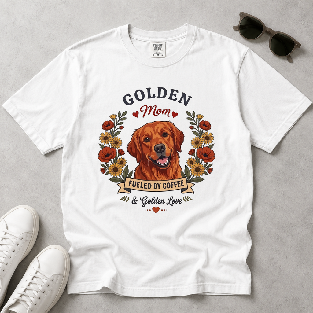 Red Golden Retriever Dog Mom T-Shirt | Fueled by Coffee & Golden Love