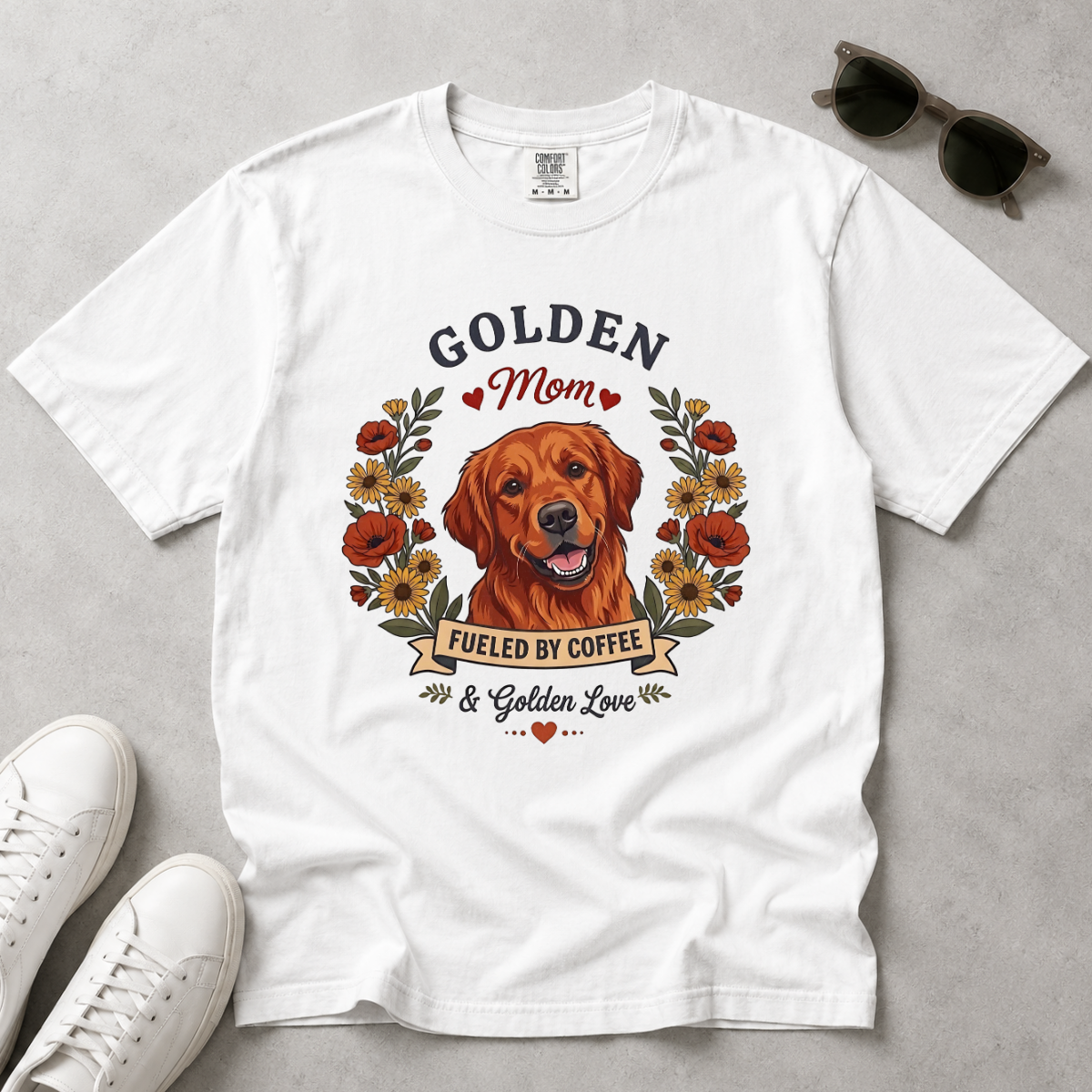 Red Golden Retriever Dog Mom T-Shirt | Fueled by Coffee & Golden Love
