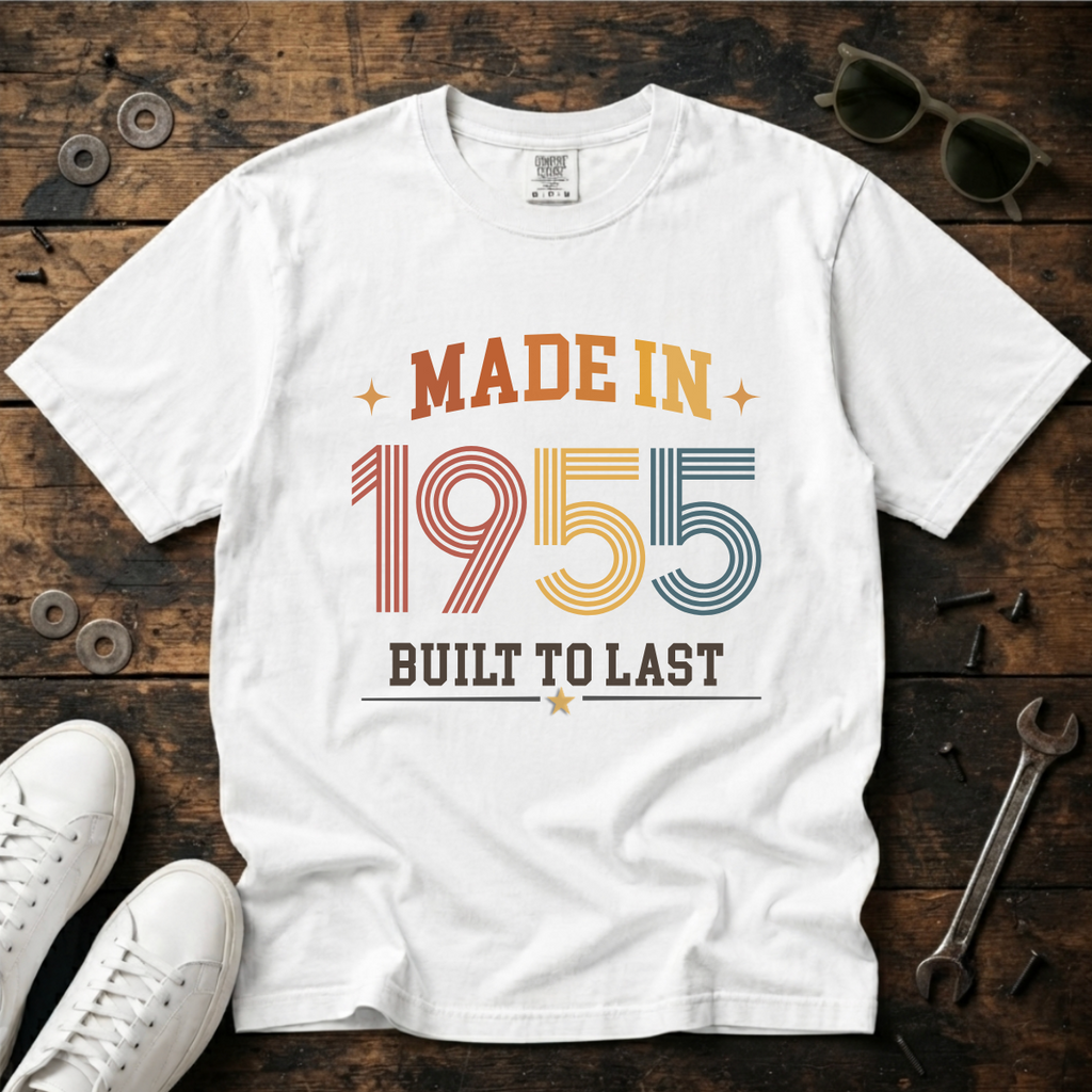 A white short-sleeve graphic T-shirt laid flat on a rustic dark wood surface, surrounded by white sneakers, sunglasses, coins, screws, and a wrench. The shirt reads 'MADE IN 1955 BUILT TO LAST' in a retro multicolor typographic design. The perfect birthday gift for someone born in 1955.