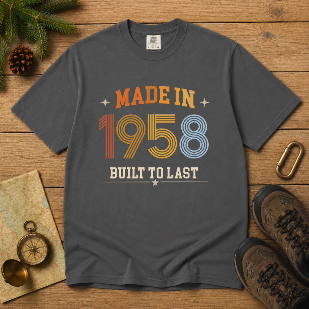 A dark gray graphic t-shirt laid flat on a wooden surface, featuring the text 'MADE IN 1958 BUILT TO LAST' in a retro multicolor font. The shirt is styled with outdoor props including hiking boots, a compass, a pinecone, and evergreen branches.