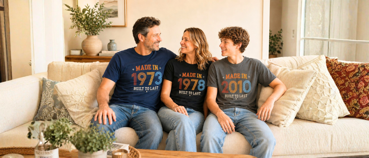 Three people sitting on a couch wearing t-shirts with year prints in a living room.