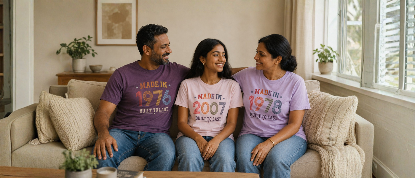 Three people sitting on a couch wearing t-shirts with year text in a living room.