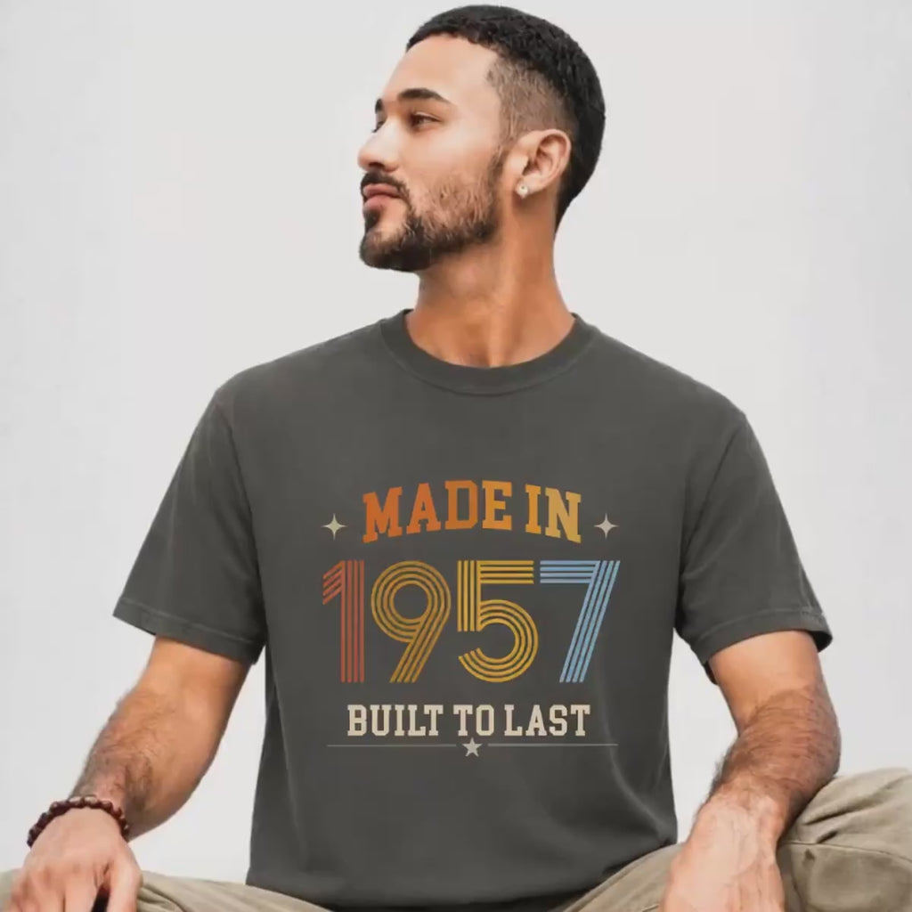 man is wering pepper shirt, retro made in 1957 built to last design