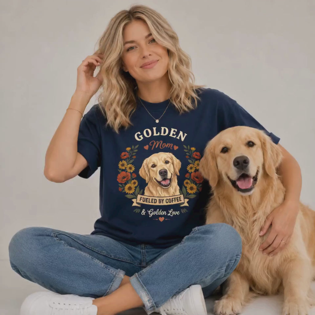 Light Golden Retriever Dog Mom T-Shirt | Fueled by Coffee & Golden Love