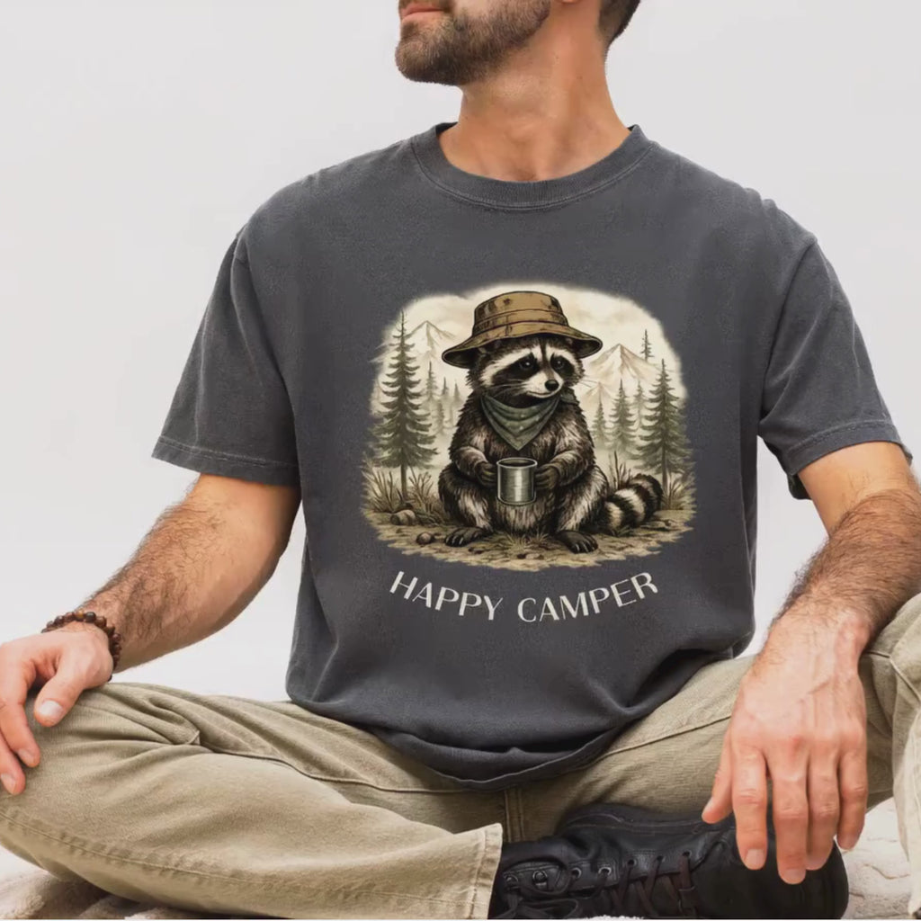 Happy Camper Raccoon – Camping T-Shirt | Explorer Edition