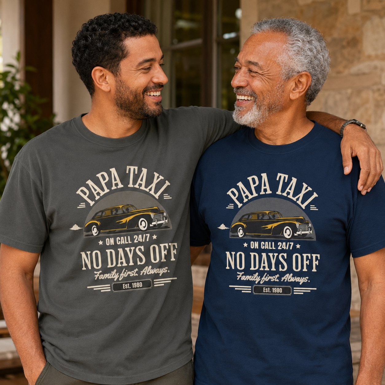 Two men wearing 'Papa Taxi' t-shirts standing together outdoors.