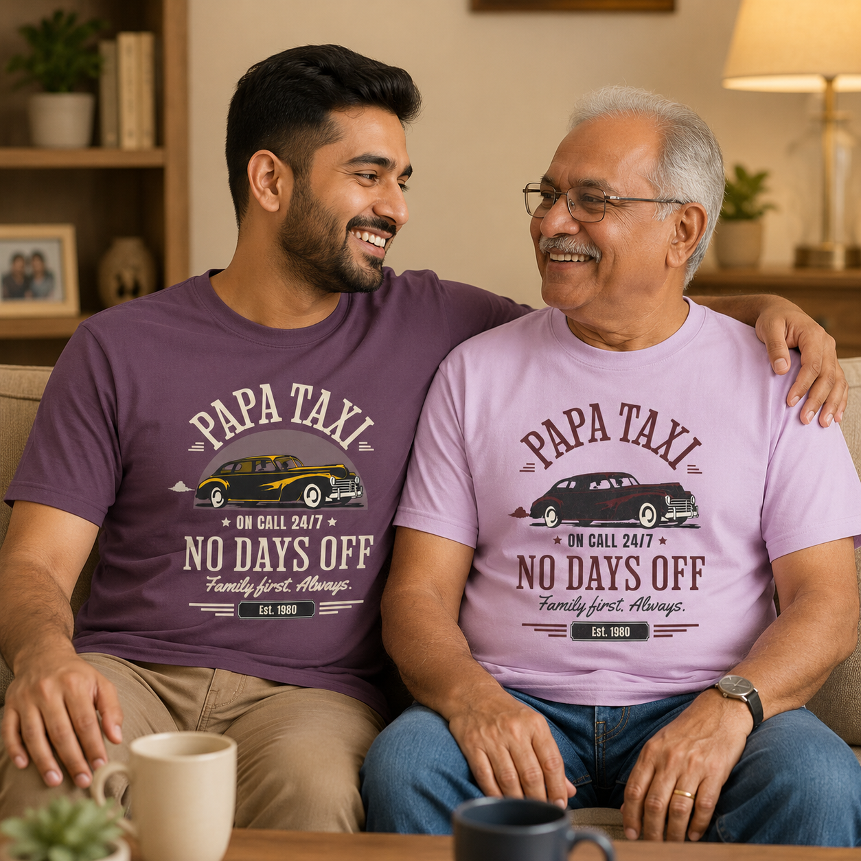 Two men sitting together wearing matching 'Papa Taxi' shirts in a cozy living room.