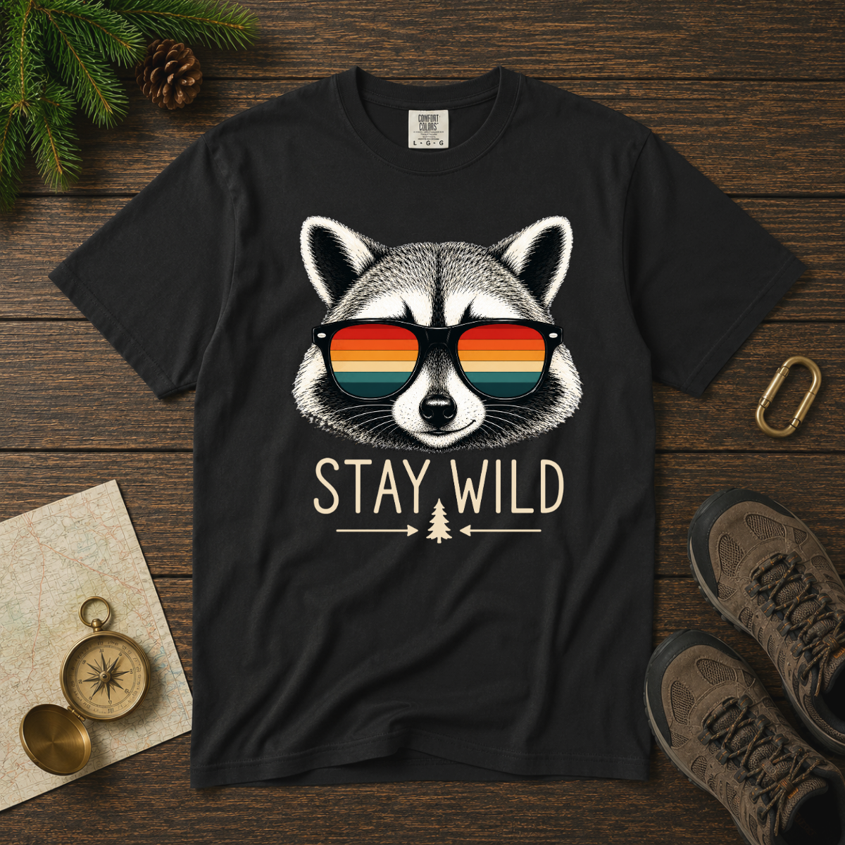 Stay Wild Raccoon – Retro Sunglasses T-Shirt | Explorer Edition