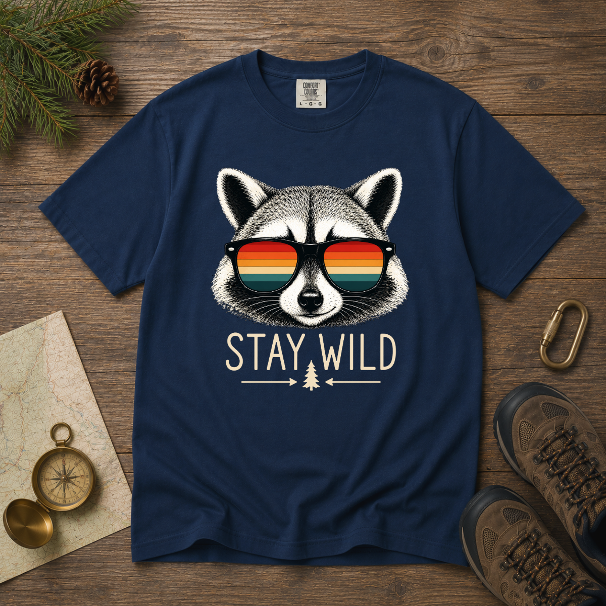 Stay Wild Raccoon – Retro Sunglasses T-Shirt | Explorer Edition