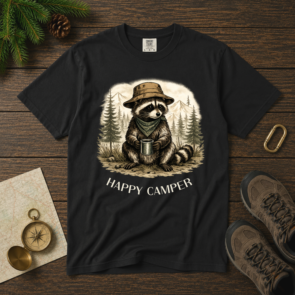 Happy Camper Raccoon – Camping T-Shirt | Explorer Edition