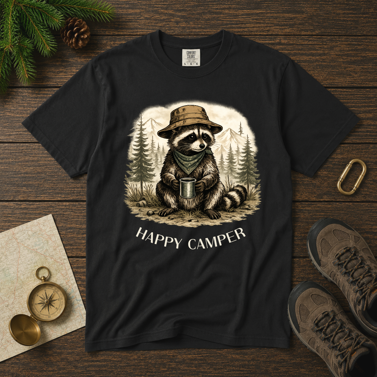 Happy Camper Raccoon – Camping T-Shirt | Explorer Edition