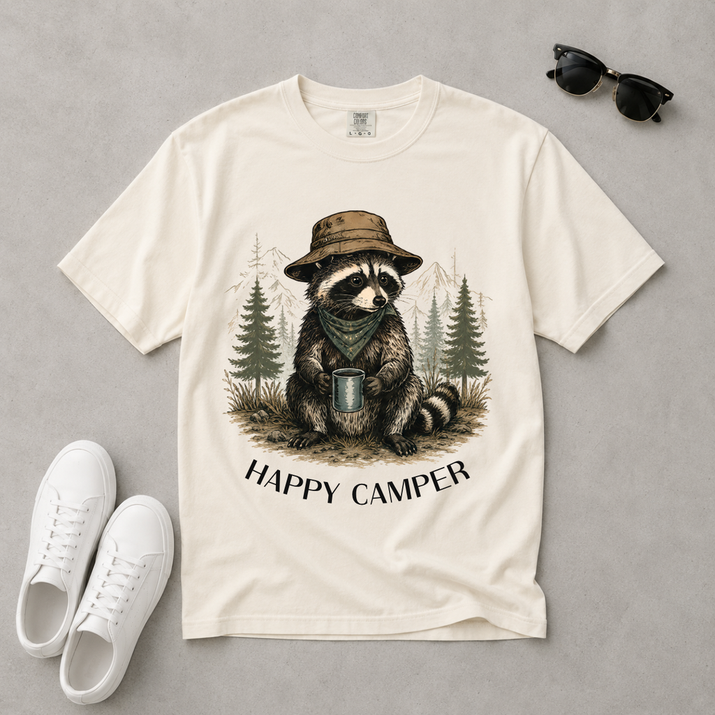 Happy Camper Raccoon – Camping T-Shirt | Explorer Edition