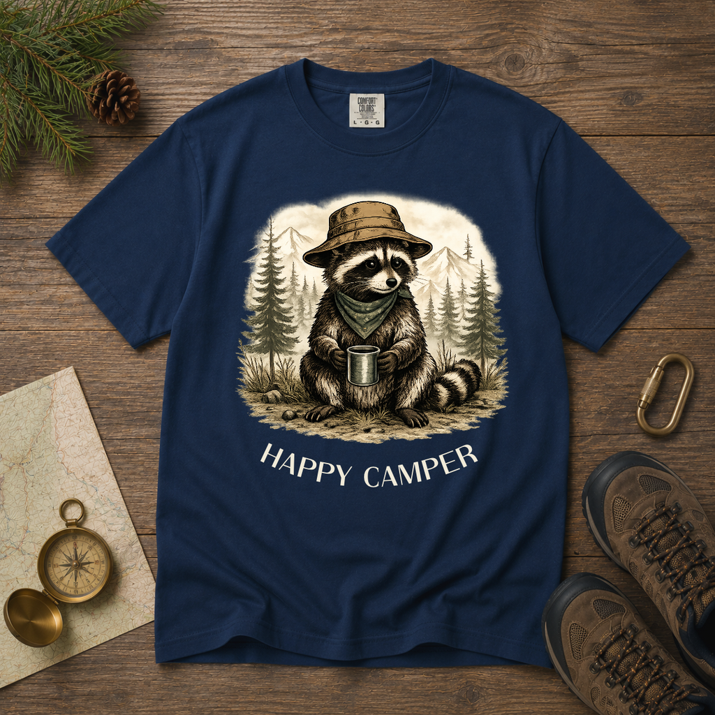 Happy Camper Raccoon – Camping T-Shirt | Explorer Edition