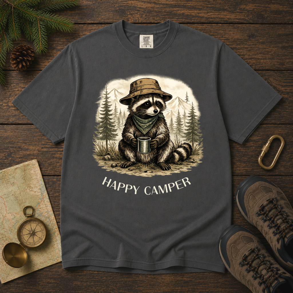 Happy Camper Raccoon – Camping T-Shirt | Explorer Edition